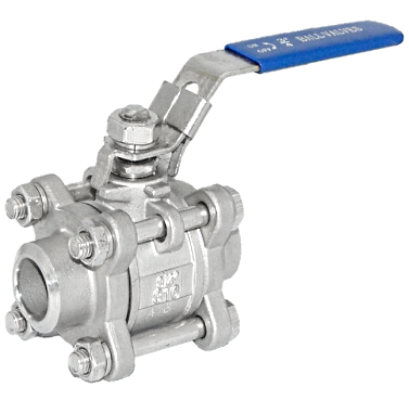 Three-piece SS316 ball valve with lever handle and visible body bolts and nuts