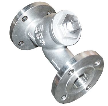 ANSI 150 SS316 Y-strainer showing the bolted cover, gasket joint and blowdown plug