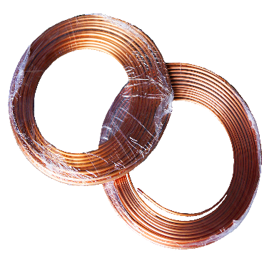 Two shrink-wrapped copper pancake coils