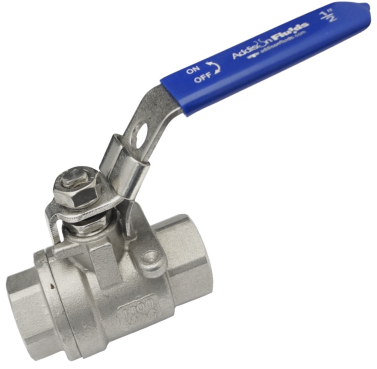 Two-piece SS316 ball valve viewed into the port, showing the full bore through the ball