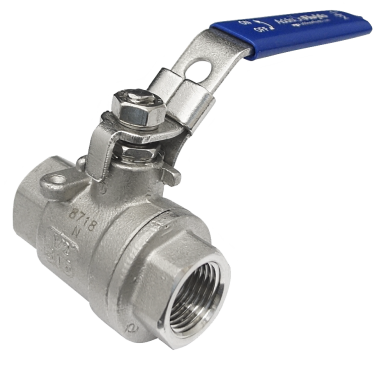 Two-piece SS316 ball valve with lever handle, showing the hex flats on both body pieces