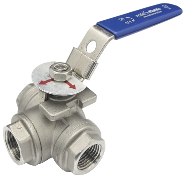 Three-way L-port SS316 ball valve viewed from above with the lever handle
