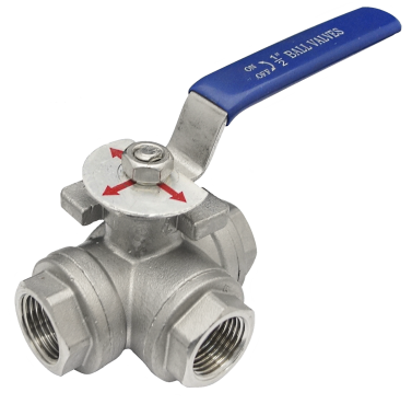 Three-way T-port SS316 ball valve with three threaded ports