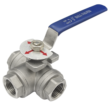 Three-way T-port SS316 ball valve viewed from above with the lever handle