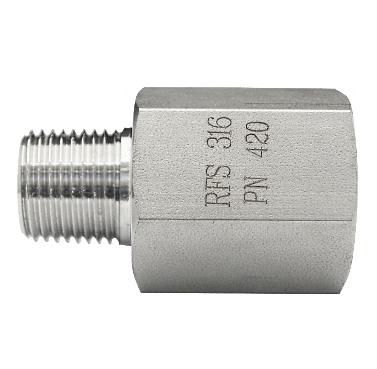 Stainless steel pipe adapter with a small male thread and a larger female body, stamped RFS 316 PN 420