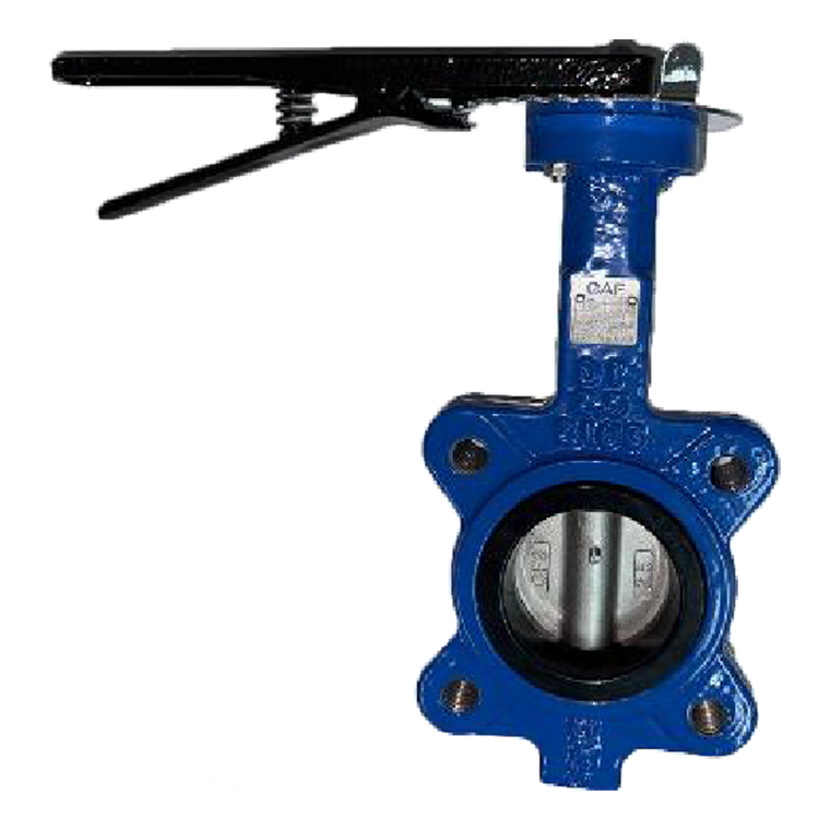 Blue ductile iron lug type butterfly valve with tapped lugs and black lever handle