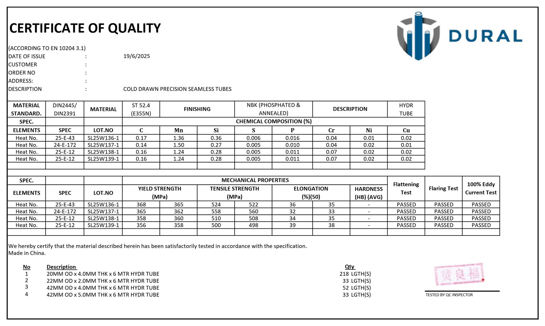 Dural EN 10204 3.1 certificate of quality for DIN 2445 / DIN 2391 ST 52.4 E355N hydraulic steel tube, customer details removed