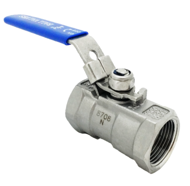 One-piece SS316 ball valve with the lever handle turned to the closed position