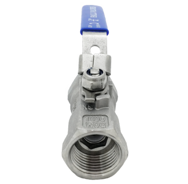 One-piece SS316 ball valve from above, showing the stem nut, gland and lever fixing