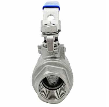 Two-piece SS316 ball valve from above, showing the stem nut, gland and lever fixing