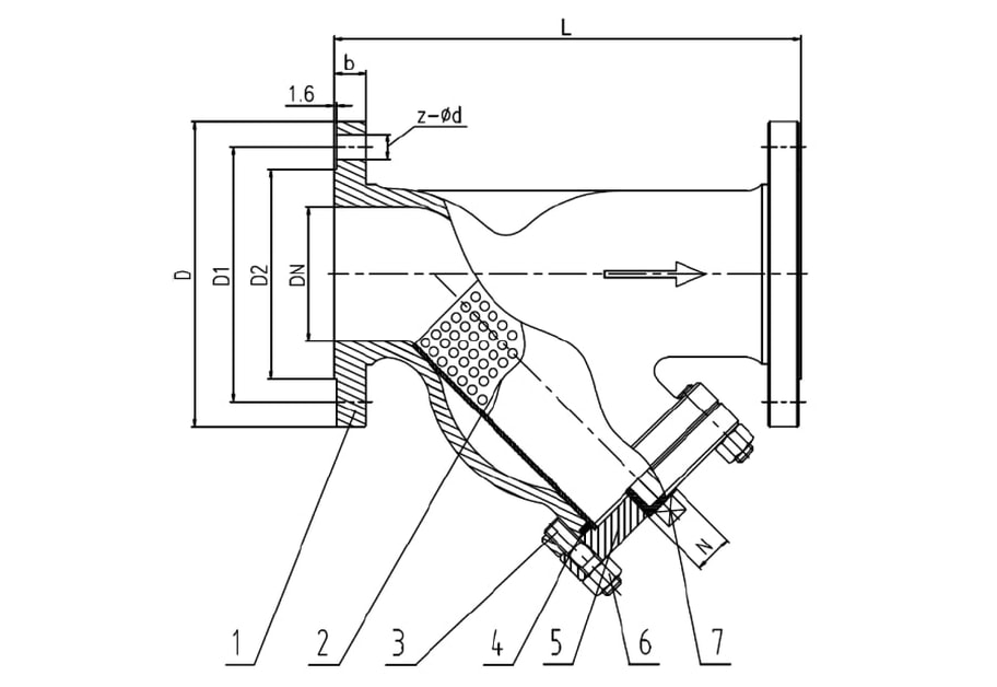 Sectional drawing of an ANSI 150 SS316 Y-strainer with numbered callouts