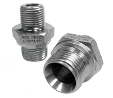 Two stainless steel reducing hex nipples with male threads at both ends, stamped RFS PN420 and the two sizes