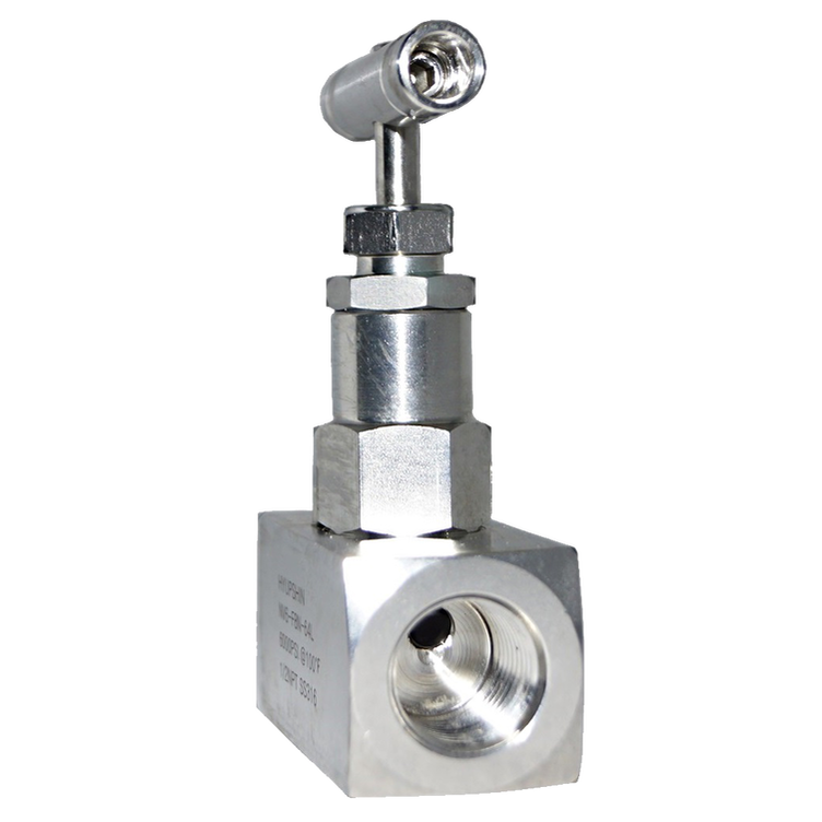 A square-body SS316 needle valve with the T-bar handle folded down, showing the female NPT port and the marking on the body flat