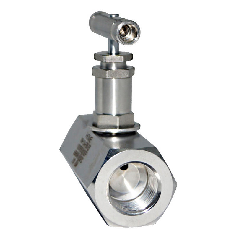 A hex-body needle valve seen down the female NPT port, showing the tapered vee stem tip seated in the orifice