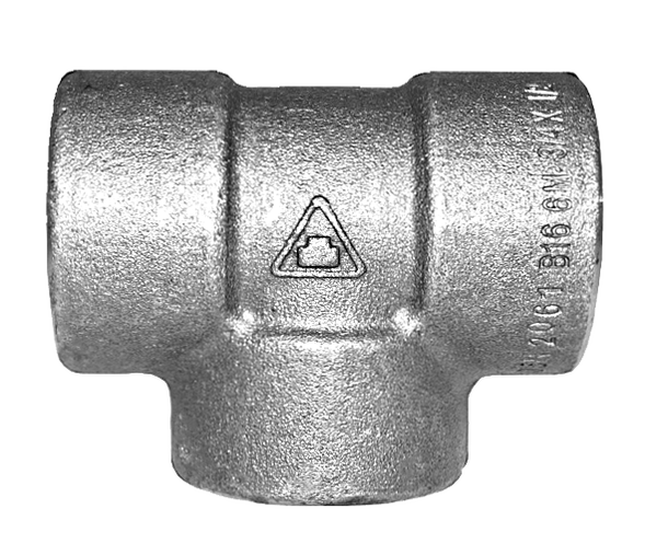 Stainless steel socket weld reducing tee, the collar stamped H 2061, 316, 6M and 3/4 x 1/2