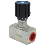 An MHA NDV needle valve with a black knurled knob over a graduated scale ring, zinc-plated body and a red port plug