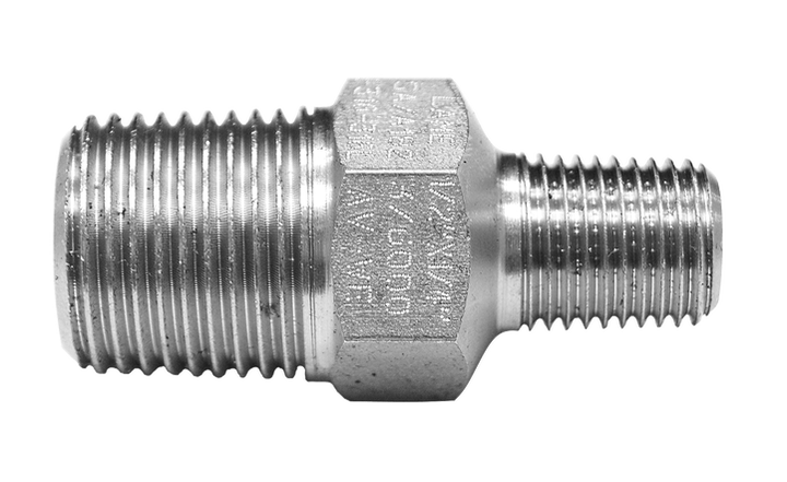 Stainless steel reducing hex nipple with male tapered threads at both ends and the size, class and material stamped on the hex flats