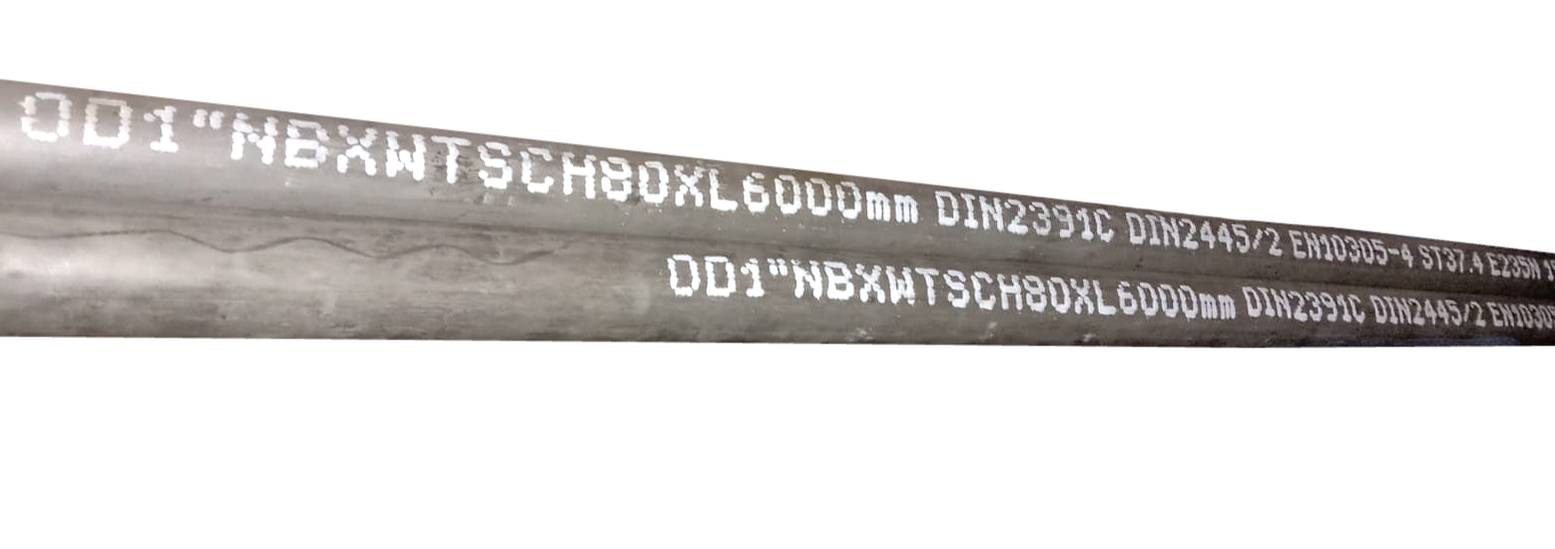 Close-up of hydraulic tube marking reading OD 1 inch NBK WT SCH80 XL6000mm DIN2391C DIN2445/2 EN10305-4 ST37.4 E235N