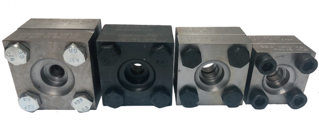 Four assembled JIS square flange pairs of increasing size in a row, some bright and one black finish