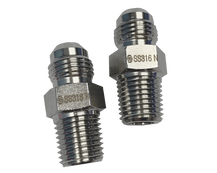 Two stainless steel JIC adapters, one showing a cone recessed inside a male port thread with a soft seal