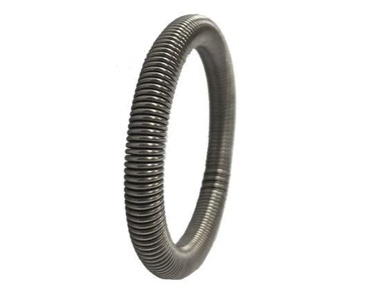 A close-coiled stainless steel retain ring viewed at an angle, showing the butt join where the two ends of the spring meet