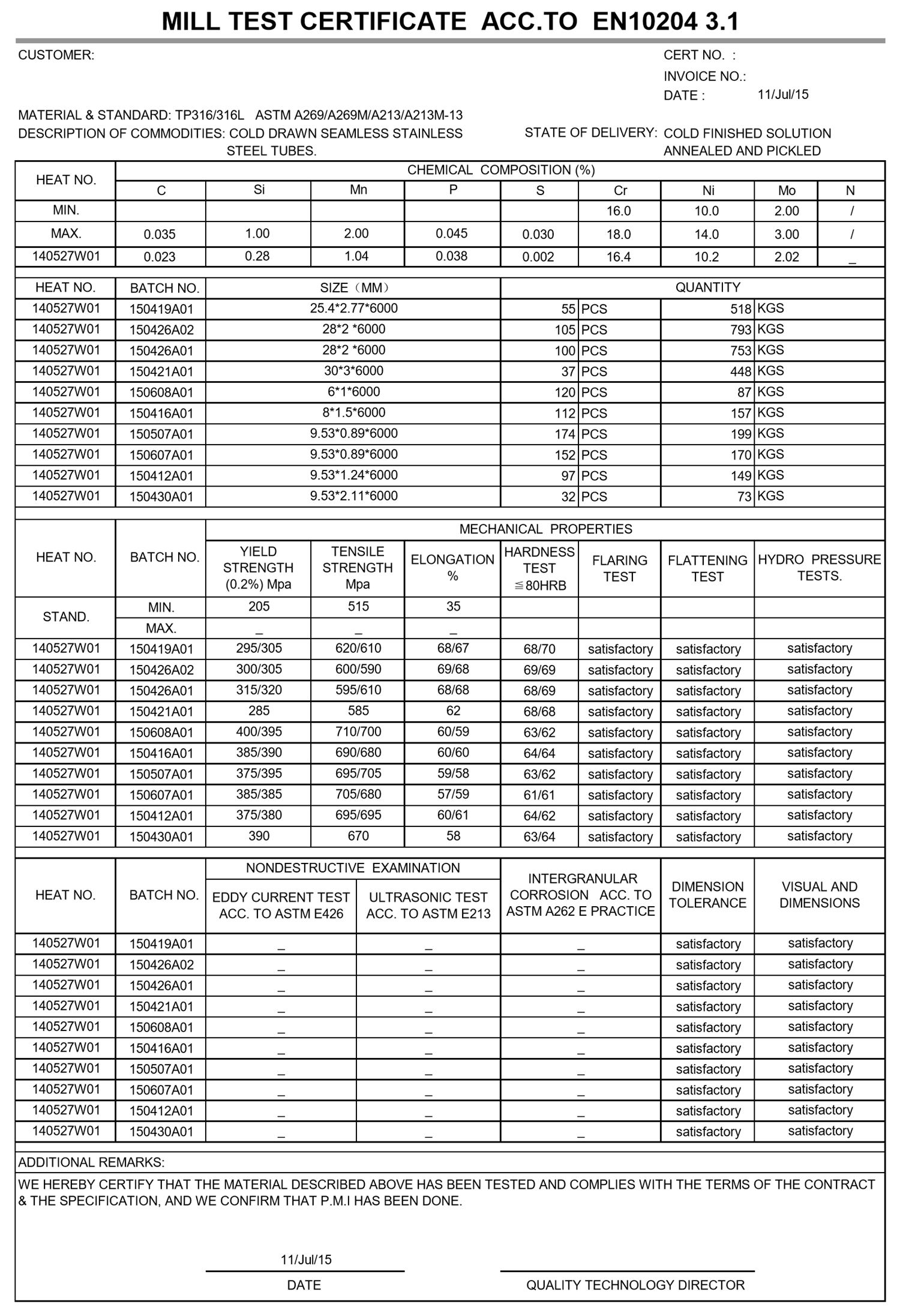 Sample EN 10204 3.1 mill test certificate for SS316/316L stainless steel tube to ASTM A269/A213, manufacturer details removed
