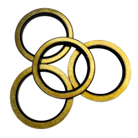 Four bonded seals stacked together, each a flat metal ring with a dark elastomer moulded around the inner bore