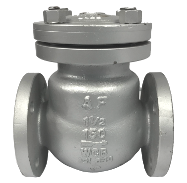ANSI 150 cast steel swing check valve painted grey with AF, 1.5 inch, 150 and WCB cast into the body