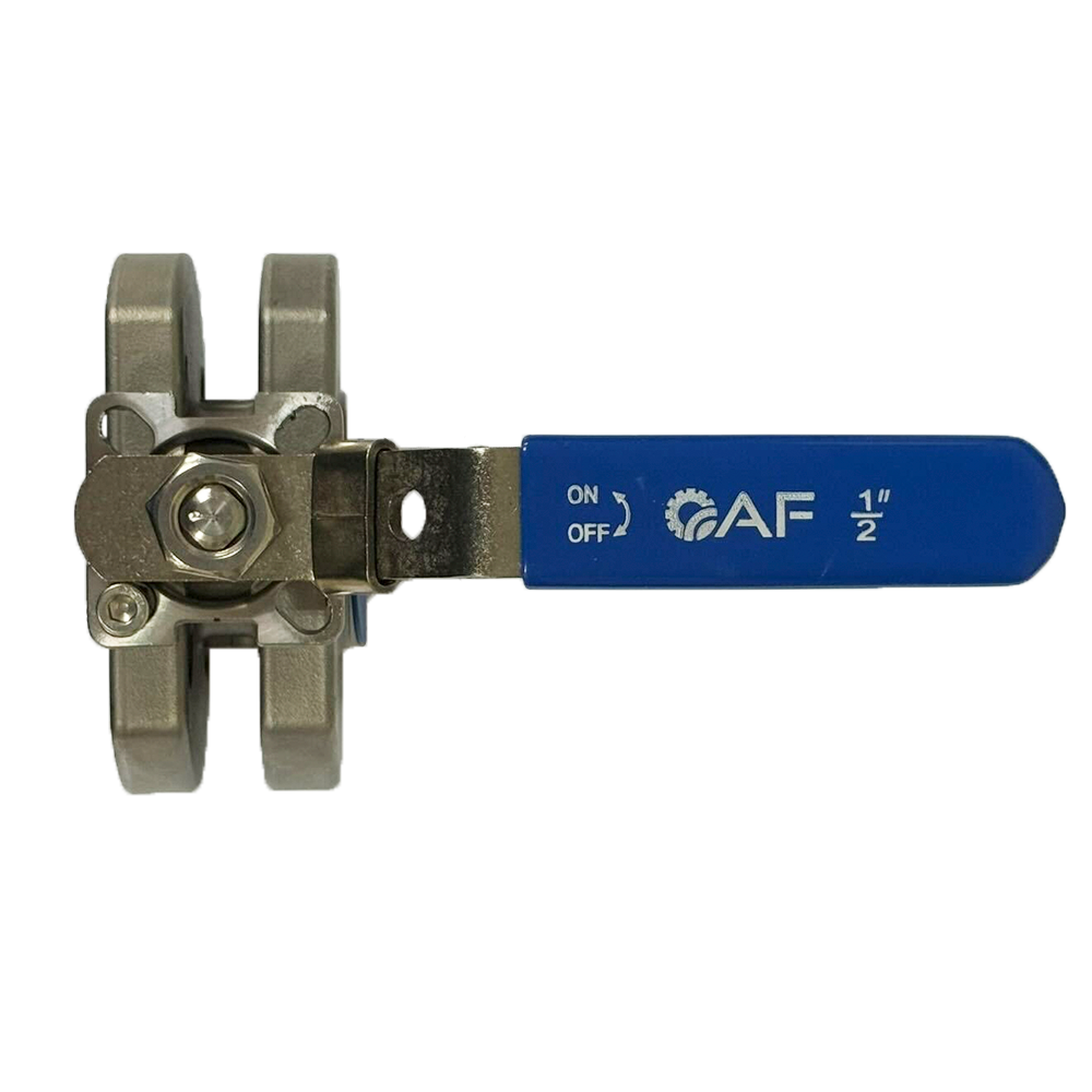 Wafer type ball valve from above showing four cast lugs, the ISO 5211 pad around the stem and a blue AF lever marked on and off