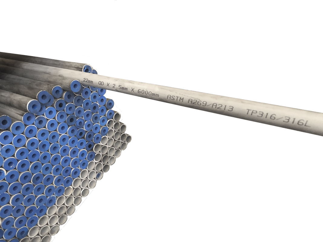 SS316 tubes with blue end caps, marked 22 mm OD x 2.5 mm x 6000 mm