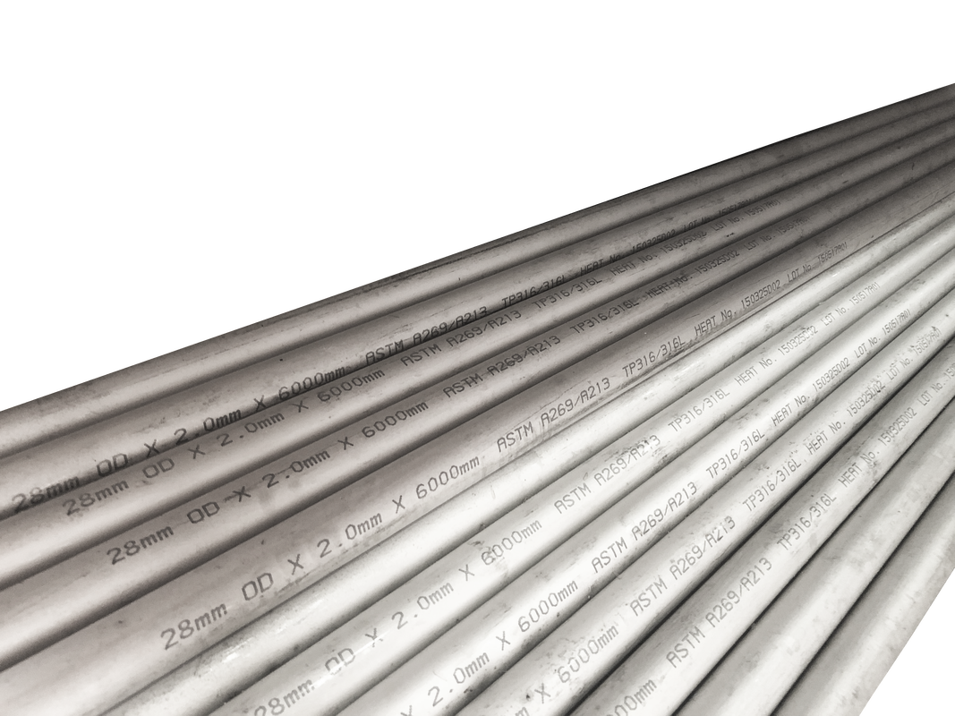 SS316 tube marking showing 28 mm OD, 2.0 mm wall, ASTM A269/A213, TP316/316L, heat and lot number