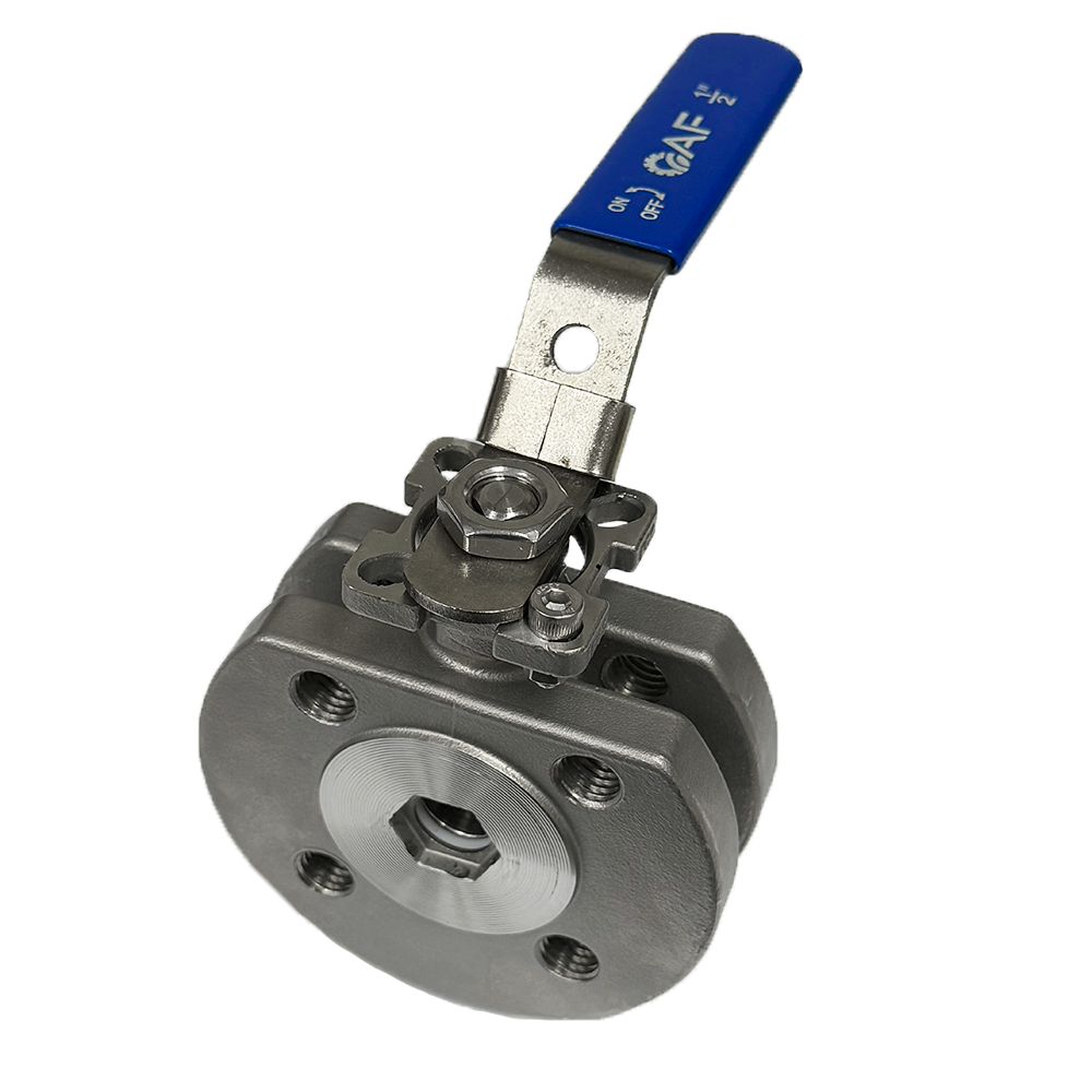 Stainless wafer type ball valve viewed into the bore showing the ball and PTFE seat