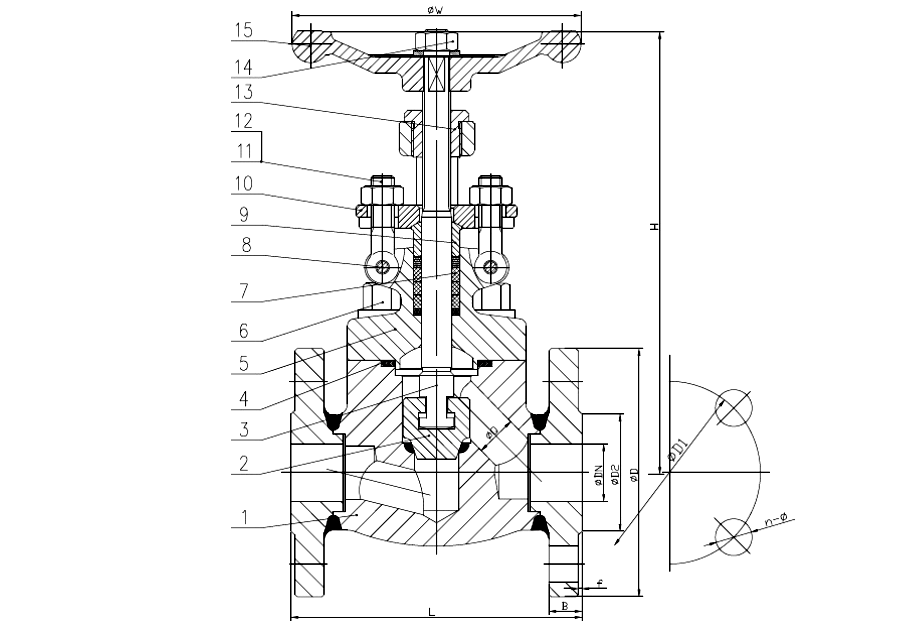 Sectional drawing of a JIS 10K SS316 globe valve, 1 to 1.5 inch, with numbered callouts