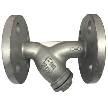 JIS 10K cast steel Y-strainer with 1.5 inch 10K WCB cast into the body and a flow direction arrow