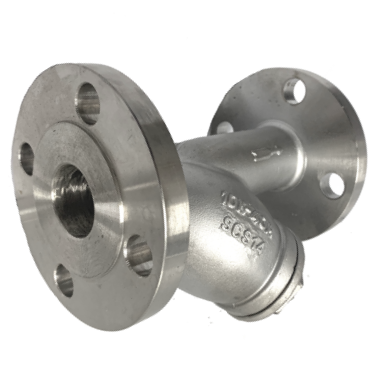 JIS 10K SS316 Y-strainer showing the bolted cover and blowdown arrangement