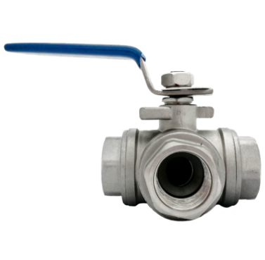 Three-way L-port SS316 ball valve, side view showing the bonnet and body