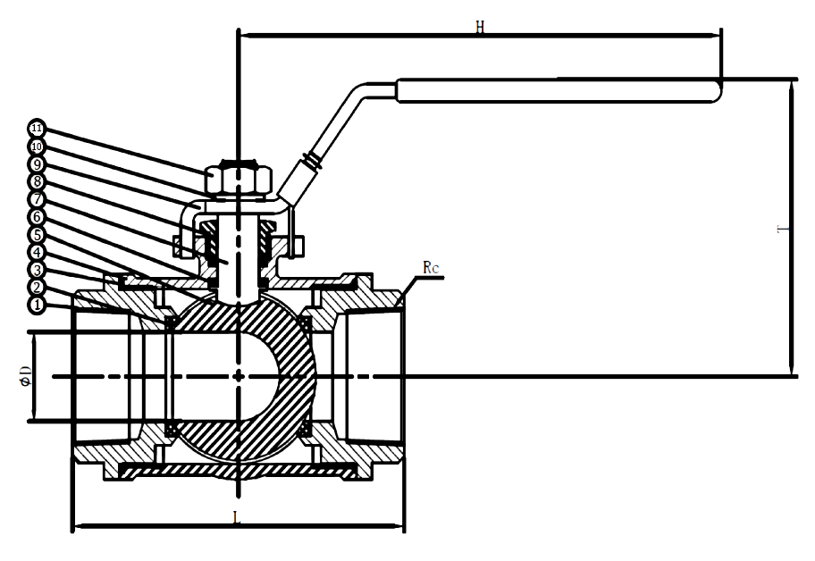 Sectional drawing of a 1000 PSI stainless steel three-way L-port ball valve with callouts 1 to 11 and dimensions L, H, T and bore diameter