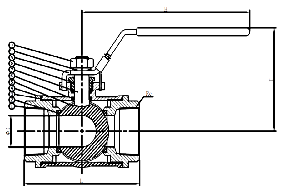 Sectional drawing of a 1000 PSI stainless steel three-way T-port ball valve with callouts 1 to 11 and dimensions L, H, T and bore diameter