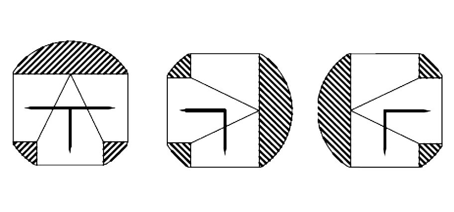 Flow path diagram of a T-port ball in its three positions: all three ports joined, and the common port to either side