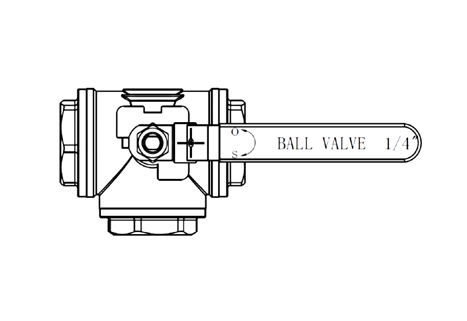 Outline drawing of a three-way L-port ball valve seen from the side, with the lever marked O and S
