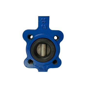 Face on view of a lug type butterfly valve showing four tapped lug holes, the disc edge on and the EPDM seat liner