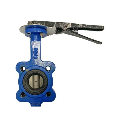 Blue cast iron lug type butterfly valve with tapped lugs, lever handle and notched locking plate