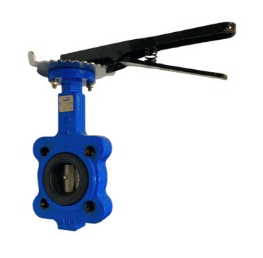 Blue cast iron lug type butterfly valve with tapped lugs, black lever handle and notched locking plate