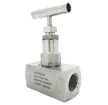 An SS316 needle valve with a straight T-bar handle and a square body stamped 6000PSI at 100 degrees F, 1/2 inch NPT, SS316