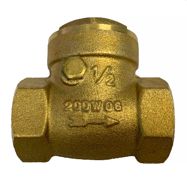 Threaded brass swing check valve cast with half inch and 200 WOG and a flow direction arrow