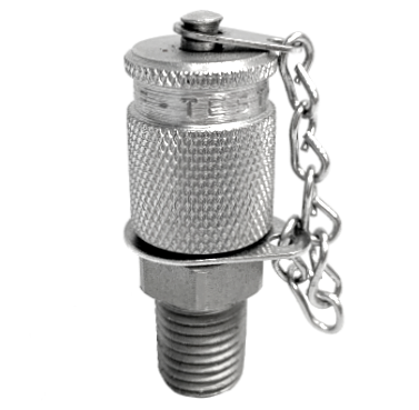 A stainless steel test coupling with a male NPT thread below the body and the knurled cap chained above