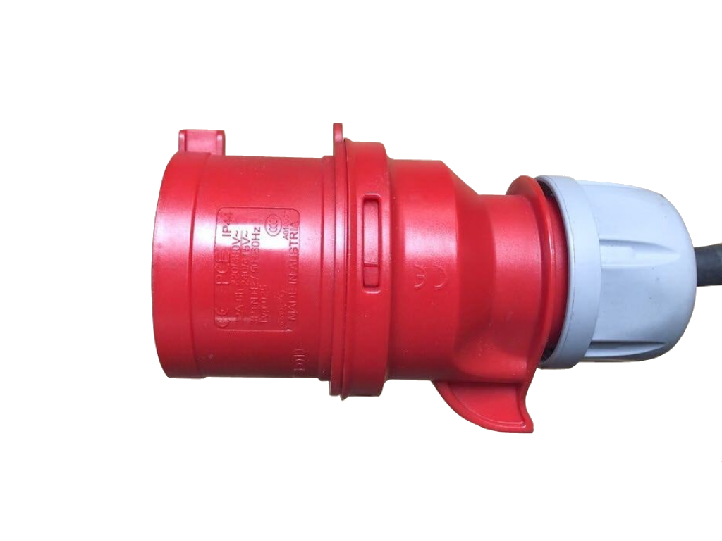 Red industrial IP44 three-phase connector on the end of the Walform machine mains cable