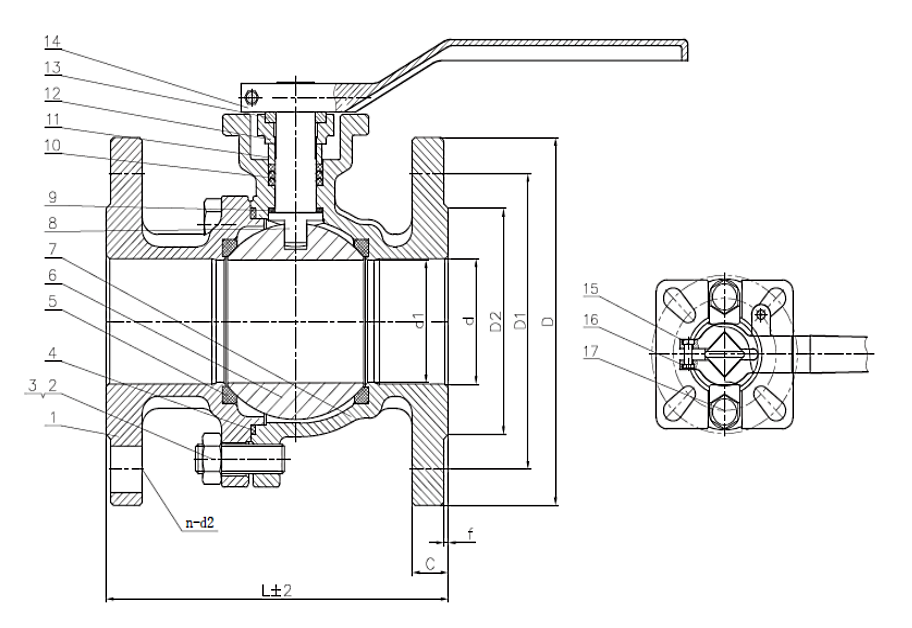 Sectional drawing of a PN10 16 SS316 flange end ball valve with numbered callouts