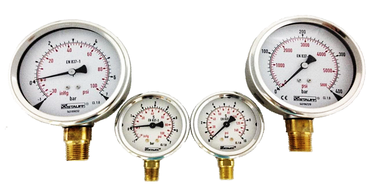 Four STAUFF pressure gauges, two 100 mm and two 63 mm dials, all marked EN 837-1 with dual bar and psi scales and brass bottom connections