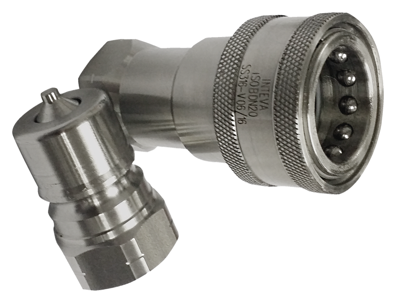 Stainless steel ISO 7241-B quick release coupling stamped INTEVA ISO B DN20 SS316, showing the ring of locking balls in the coupler